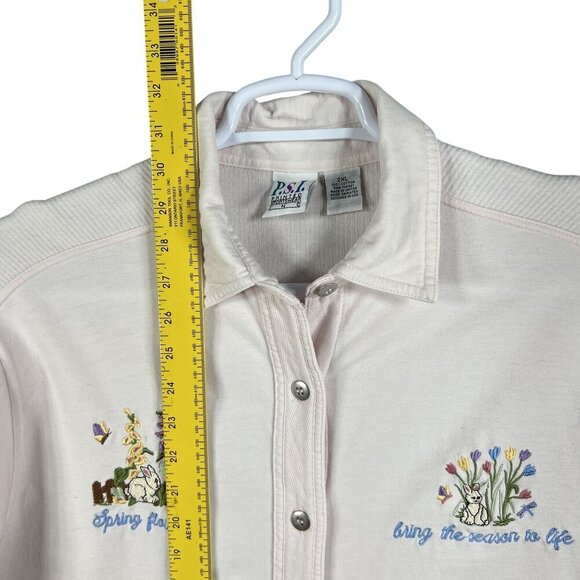 VTG Cotton P.S.I. 2XL Button-Up T-Shirt Embroidered Spring Flowers Easter Bunny - Picture 12 of 16